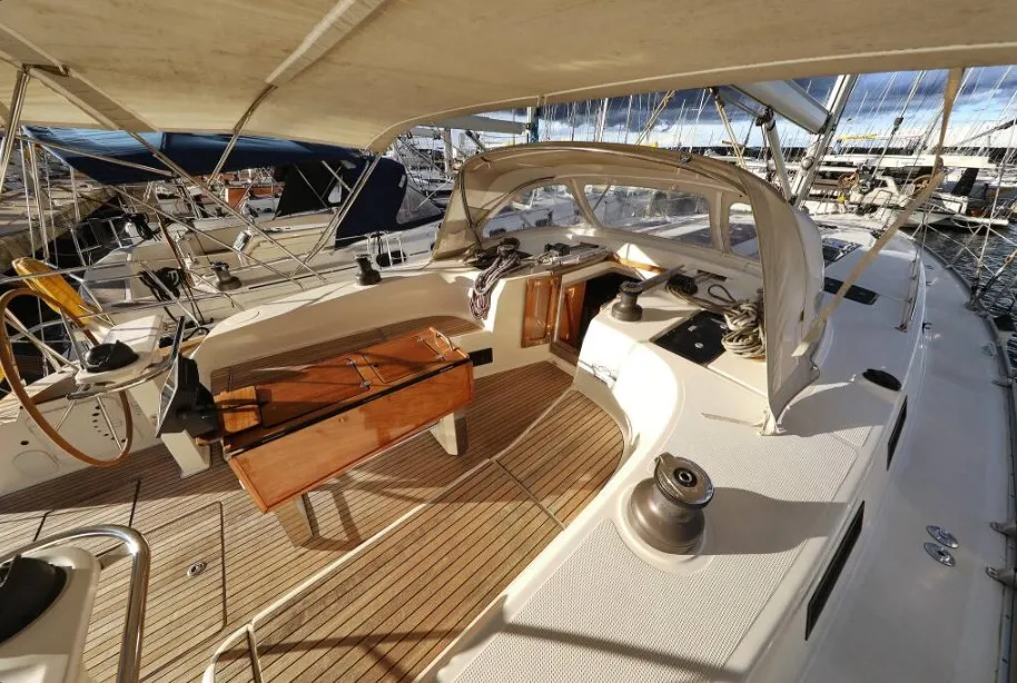 Cockpit of Odysseas S, a Bavaria 50 sailboat at Salamina, Greece