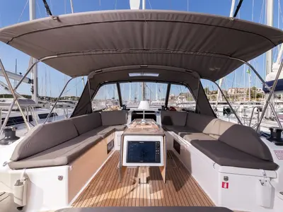 Cockpit of Vita, a Dufour 530 sailboat at Šibenik, Croatia