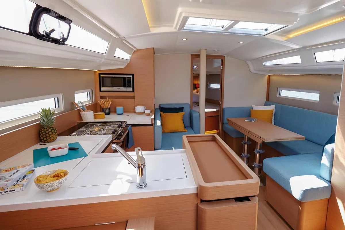 Galley of Alma Libre VI, a Jeanneau Sun Odyssey 410 sailboat at Municipal Unit of Lefkada, Greece