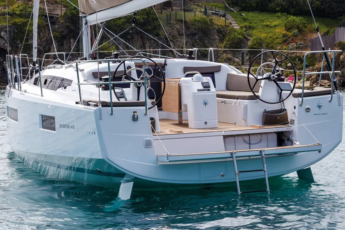 Exterior view of Alma Libre VI, a Jeanneau Sun Odyssey 410 sailboat at Municipal Unit of Lefkada, Greece