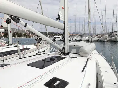 Deck of Cala Mawa, a Bavaria Cruiser 46 Style sailboat at Grad Trogir, Croatia
