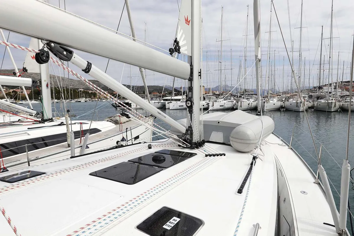 Deck of Cala Mawa, a Bavaria Cruiser 46 Style sailboat at Grad Trogir, Croatia