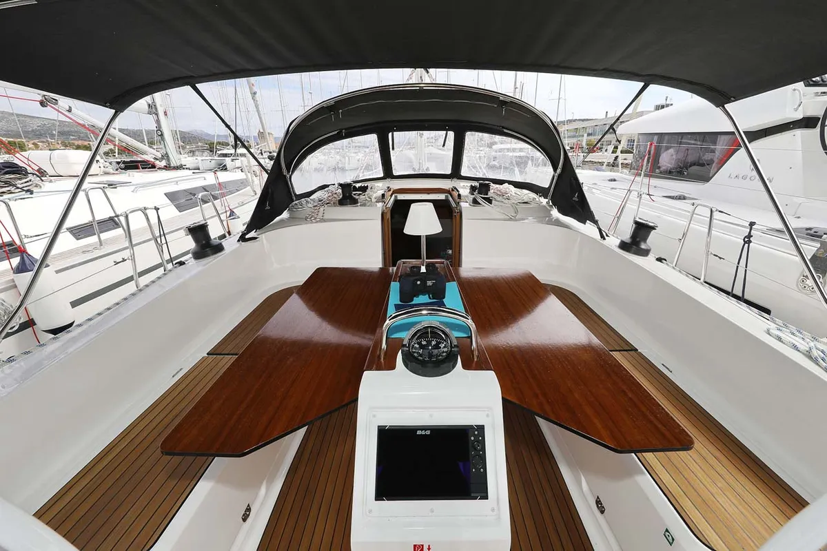 Cockpit of Cala Mawa, a Bavaria Cruiser 46 Style sailboat at Grad Trogir, Croatia