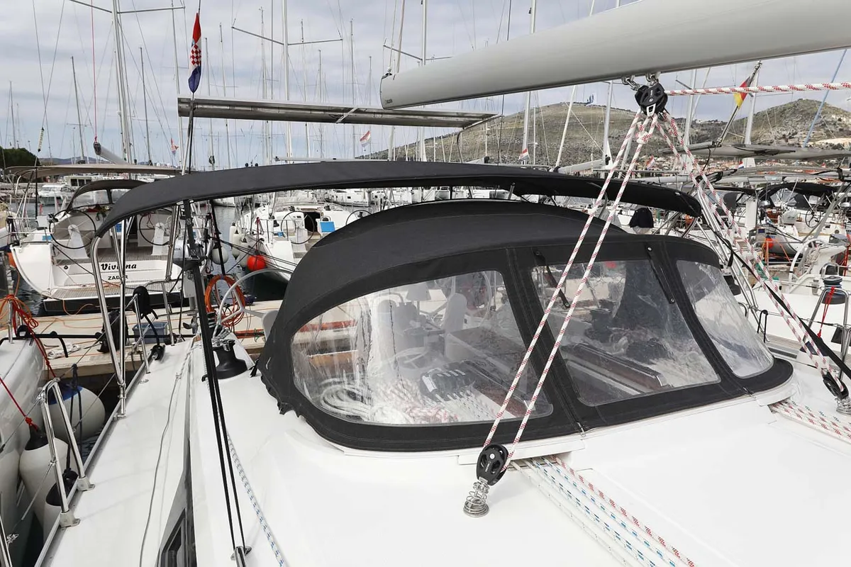 Deck of Cala Mawa, a Bavaria Cruiser 46 Style sailboat at Grad Trogir, Croatia