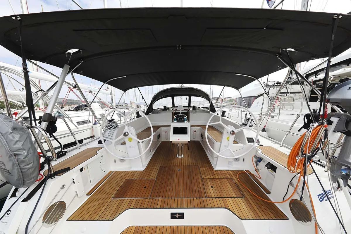 Cockpit of Cala Mawa, a Bavaria Cruiser 46 Style sailboat at Grad Trogir, Croatia