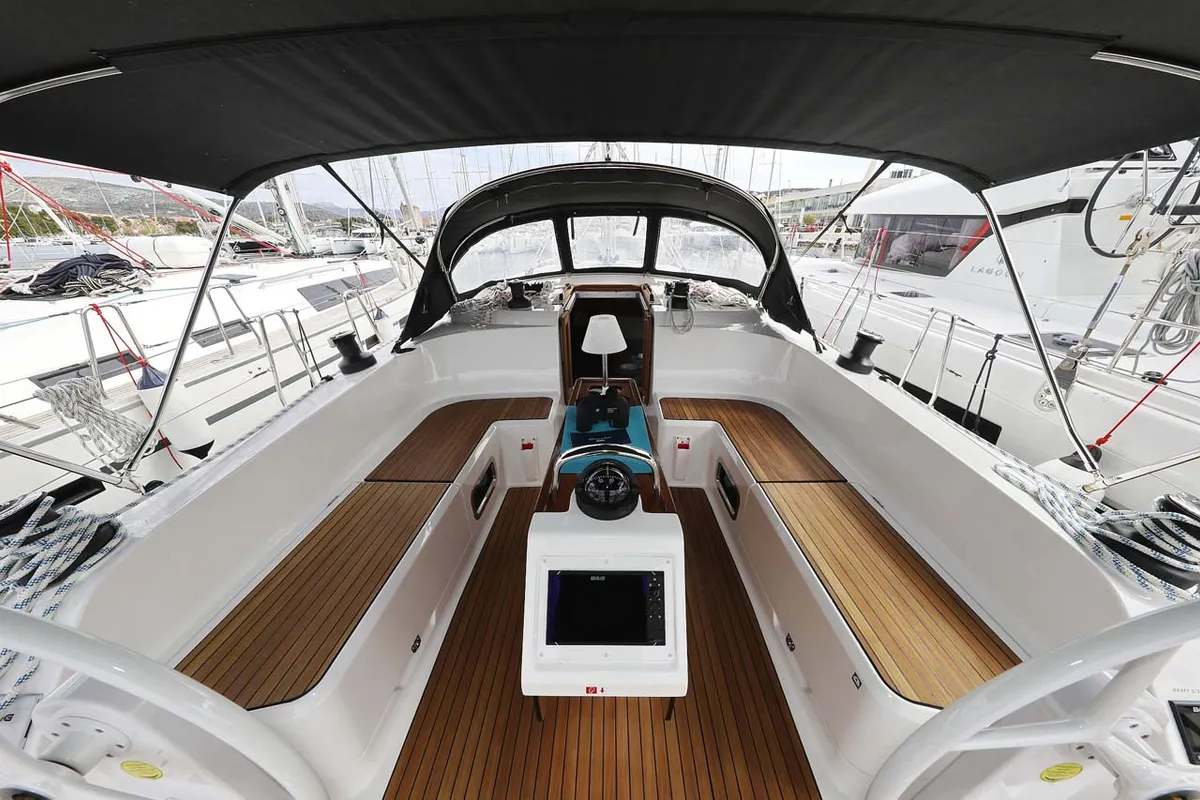 Cockpit of Cala Mawa, a Bavaria Cruiser 46 Style sailboat at Grad Trogir, Croatia