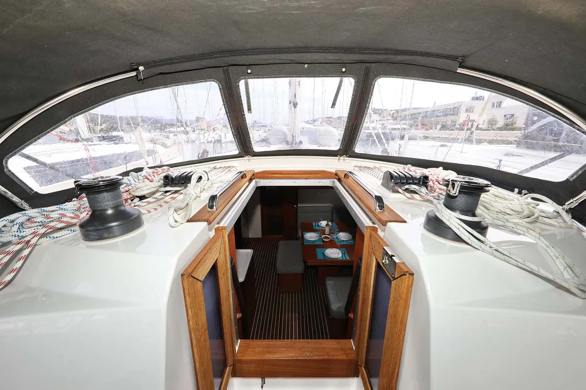 Deck of Cala Mawa, a Bavaria Cruiser 46 Style sailboat at Grad Trogir, Croatia