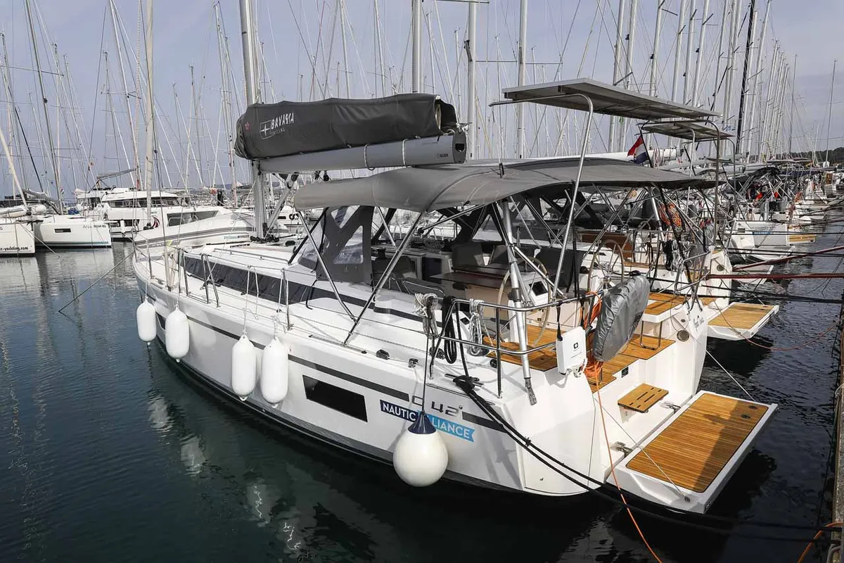 Exterior view of Good Times, a Bavaria C42 sailboat at Grad Trogir, Croatia