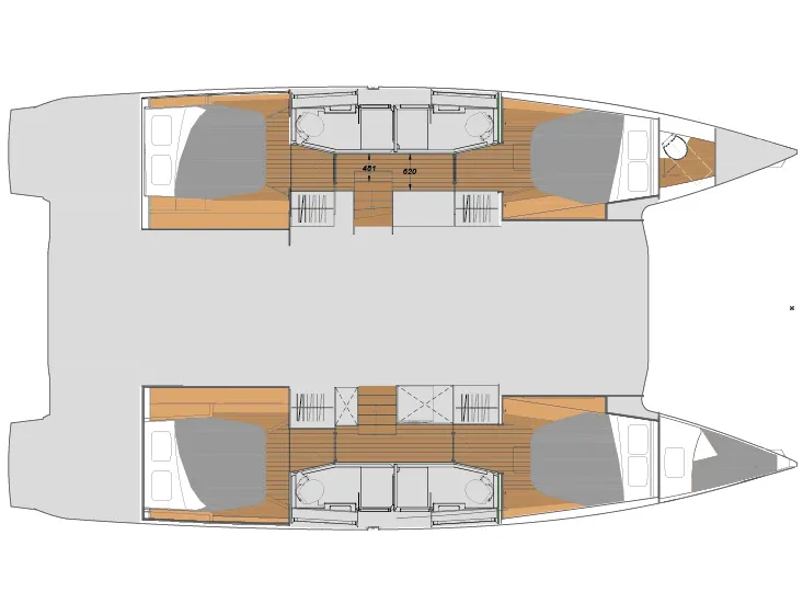 Floor plan of Olympia Athena - Skippered, a Fountaine Pajot Elba 45 catamaran at Agios Stefanos, Greece