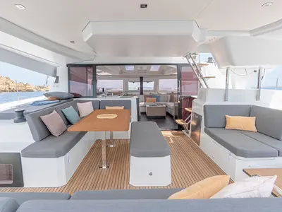 Deck of Olympia Athena - Skippered, a Fountaine Pajot Elba 45 catamaran at Agios Stefanos, Greece