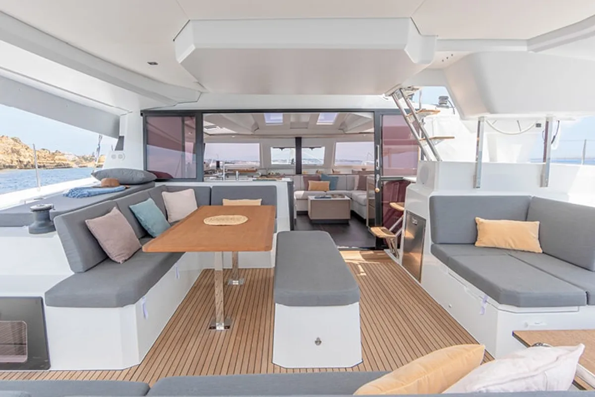 Deck of Olympia Athena - Skippered, a Fountaine Pajot Elba 45 catamaran at Agios Stefanos, Greece
