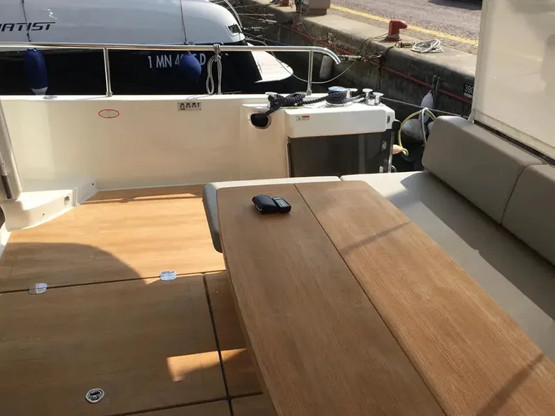Deck of Sea Star V, a Cranchi Eco Trawler 53 LD motorboat at Cannigione, Italy