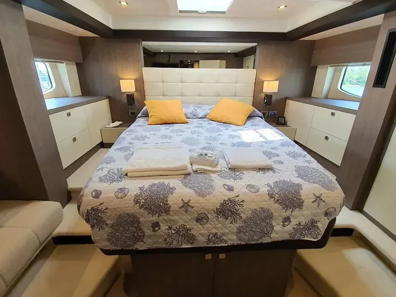 Cabin on Sea Star V, a Cranchi Eco Trawler 53 LD motorboat at Cannigione, Italy