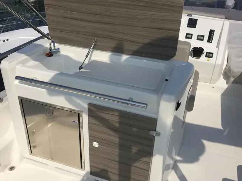 Deck of Sea Star V, a Cranchi Eco Trawler 53 LD motorboat at Cannigione, Italy