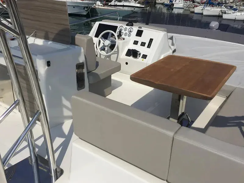 Deck of Sea Star V, a Cranchi Eco Trawler 53 LD motorboat at Cannigione, Italy