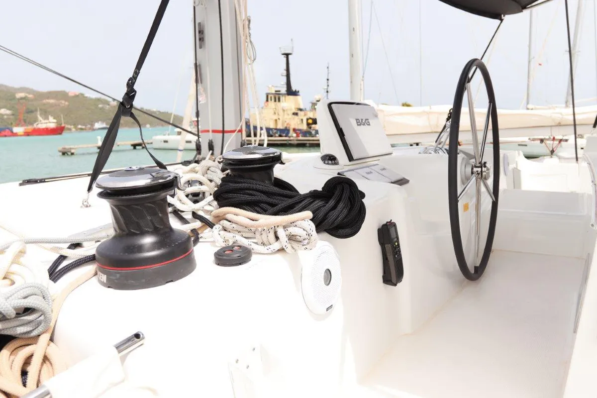 Cockpit of C’est La Vie, a Lagoon 46 catamaran at Road Town, British Virgin Islands