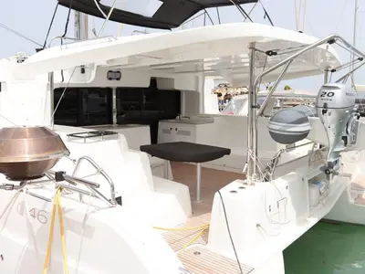 Deck of C’est La Vie, a Lagoon 46 catamaran at Road Town, British Virgin Islands
