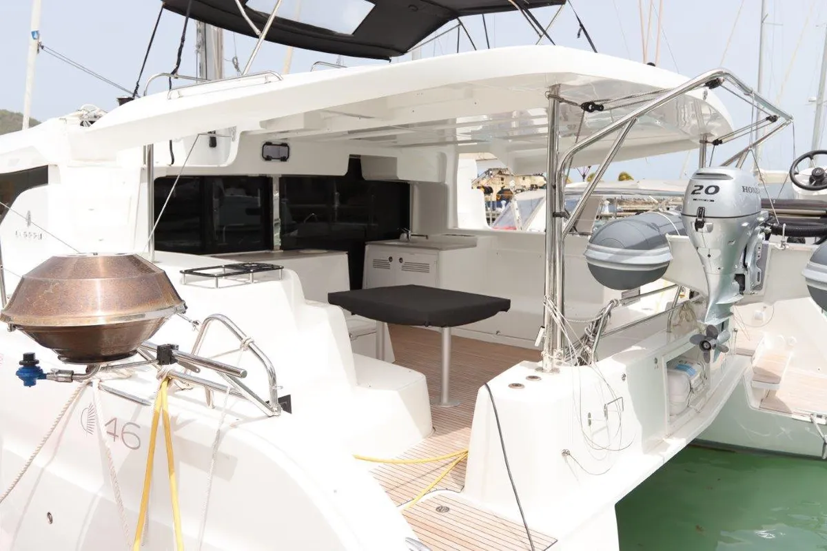 Deck of C’est La Vie, a Lagoon 46 catamaran at Road Town, British Virgin Islands