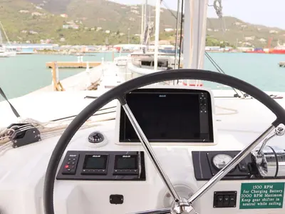 Cockpit of C’est La Vie, a Lagoon 46 catamaran at Road Town, British Virgin Islands