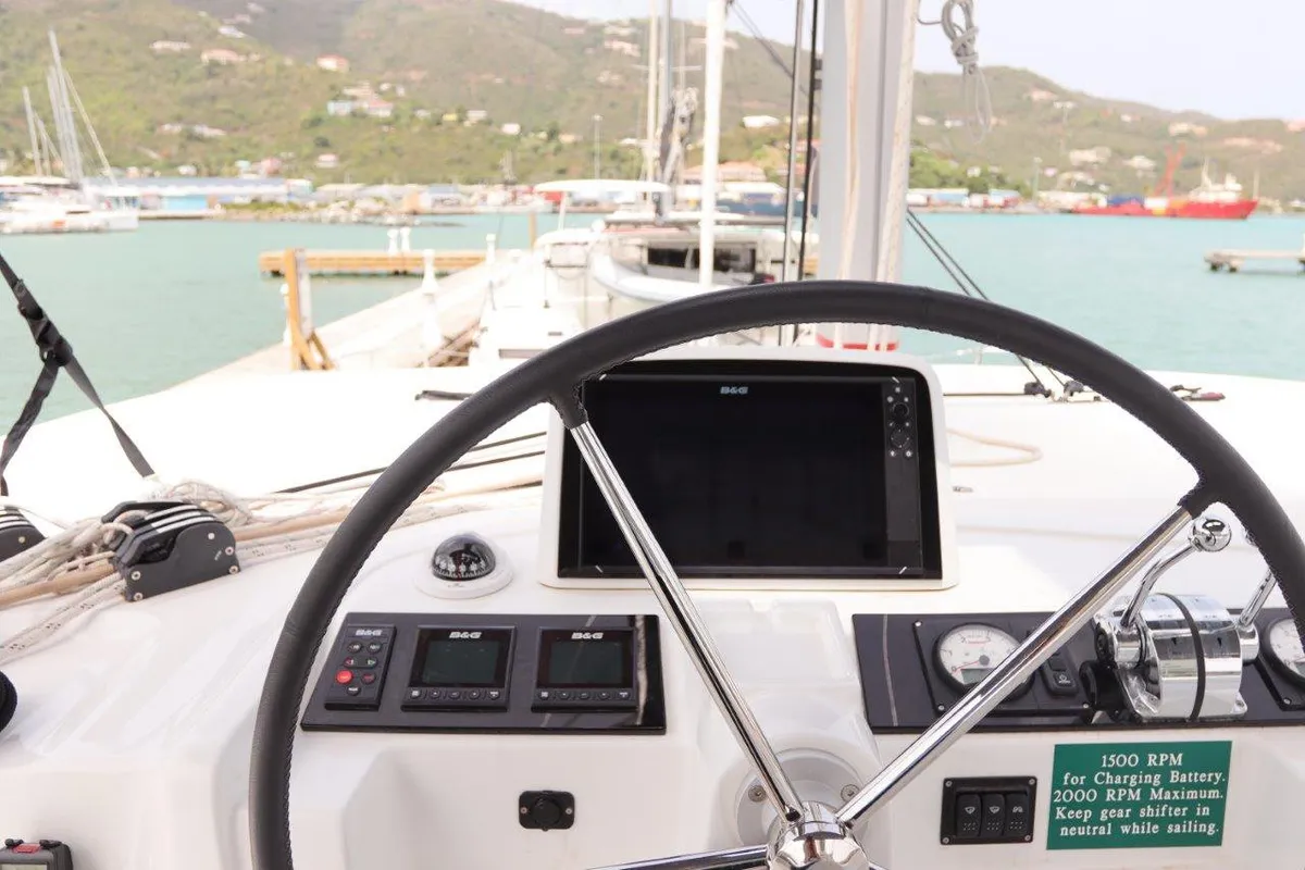Cockpit of C’est La Vie, a Lagoon 46 catamaran at Road Town, British Virgin Islands