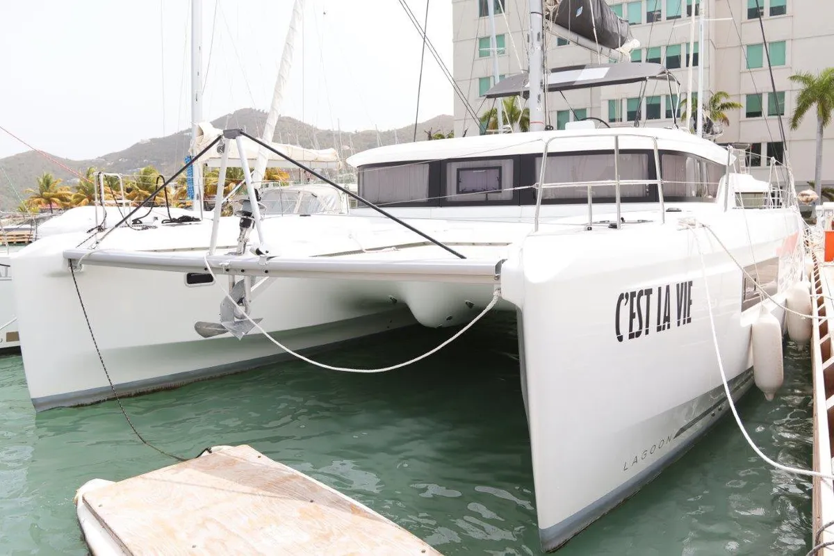 Exterior view of C’est La Vie, a Lagoon 46 catamaran at Road Town, British Virgin Islands