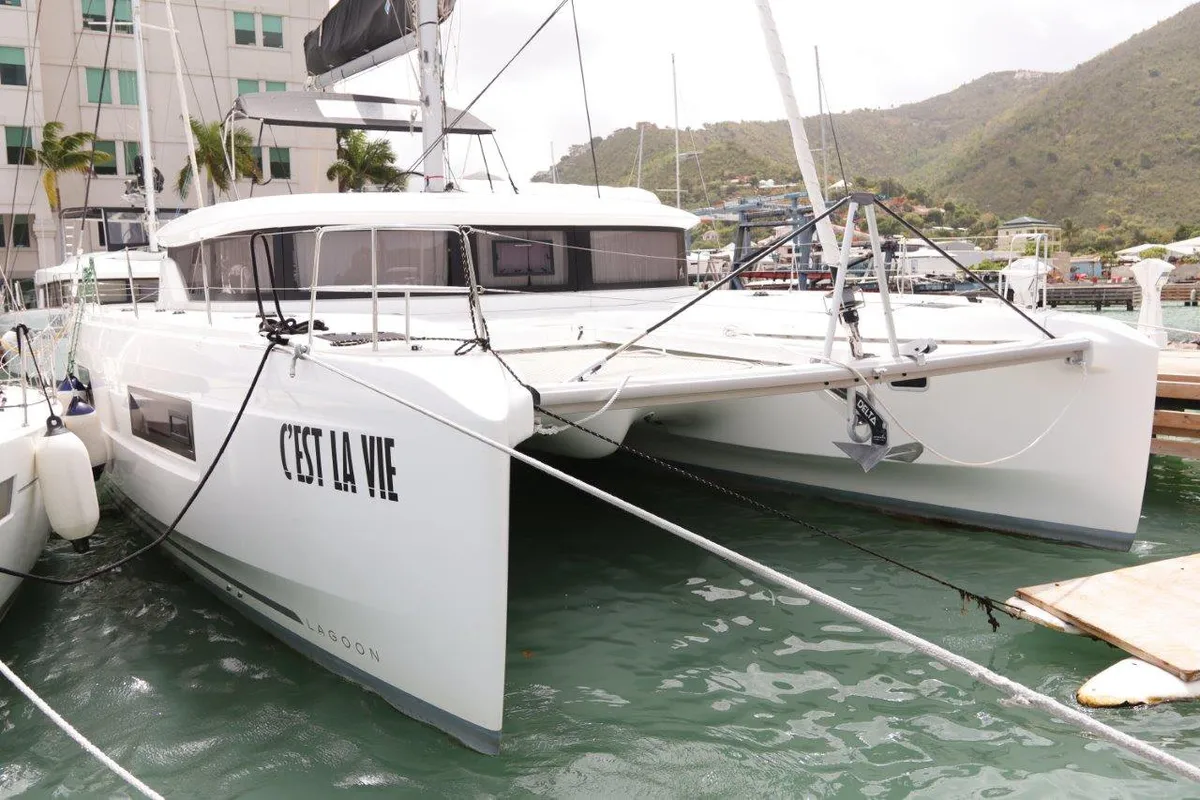Exterior view of C’est La Vie, a Lagoon 46 catamaran at Road Town, British Virgin Islands