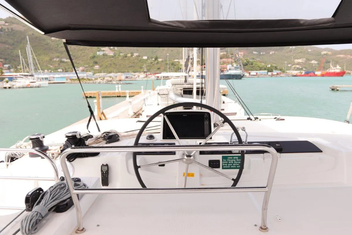 Cockpit of C’est La Vie, a Lagoon 46 catamaran at Road Town, British Virgin Islands
