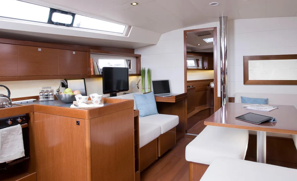 Salon of Stella, a Beneteau Oceanis 45 sailboat at Kos, Greece