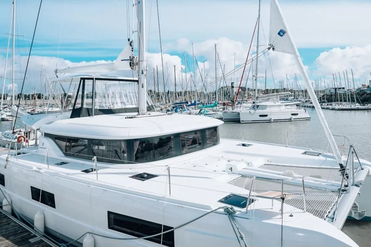 Exterior view of Delokoko, a Lagoon 46 catamaran at Ribishi, Saint Vincent and the Grenadines