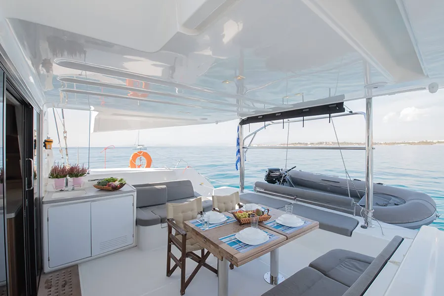 Deck of For Sail Again, a Lagoon 50 catamaran at Kos, Greece