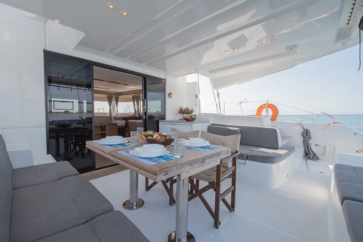 Deck of For Sail Again, a Lagoon 50 catamaran at Kos, Greece