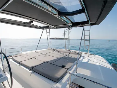 Deck of For Sail Again, a Lagoon 50 catamaran at Kos, Greece