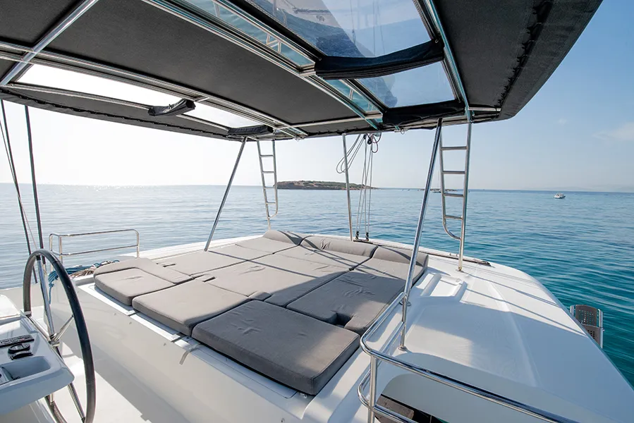 Deck of For Sail Again, a Lagoon 50 catamaran at Kos, Greece