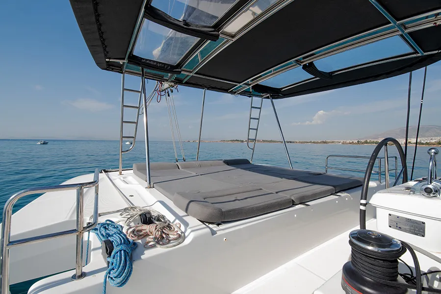 Deck of For Sail Again, a Lagoon 50 catamaran at Kos, Greece