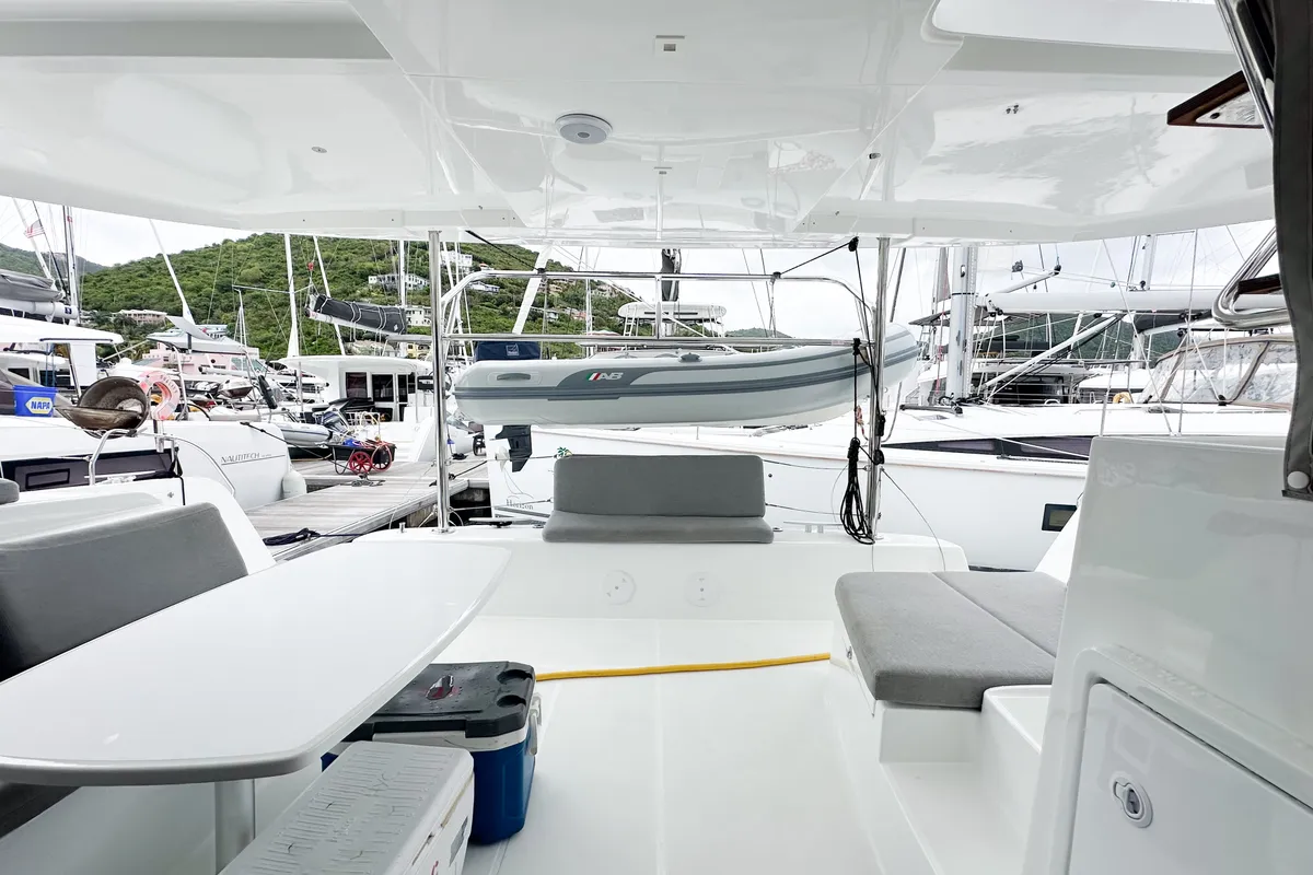 Deck of Island Riff, a Lagoon 42 catamaran at Road Town, British Virgin Islands