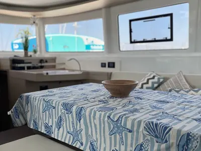 Salon of Aelia, a Lagoon 46 catamaran at Athens, Greece