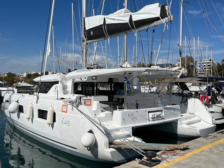 Exterior view of Aelia, a Lagoon 46 catamaran at Athens, Greece