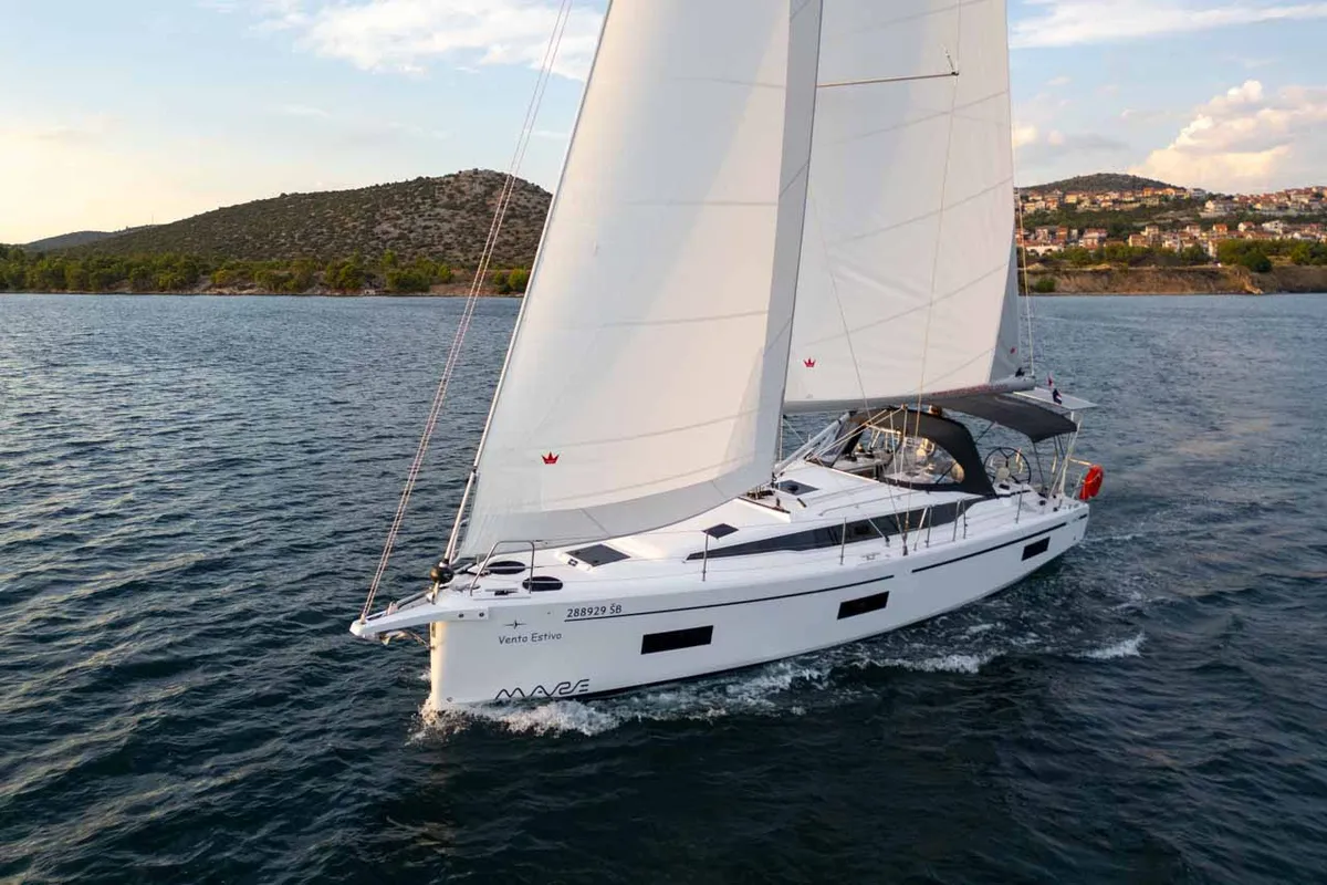 Exterior view of Vento Estivo, a Bavaria C42 sailboat at Grad Šibenik, Croatia