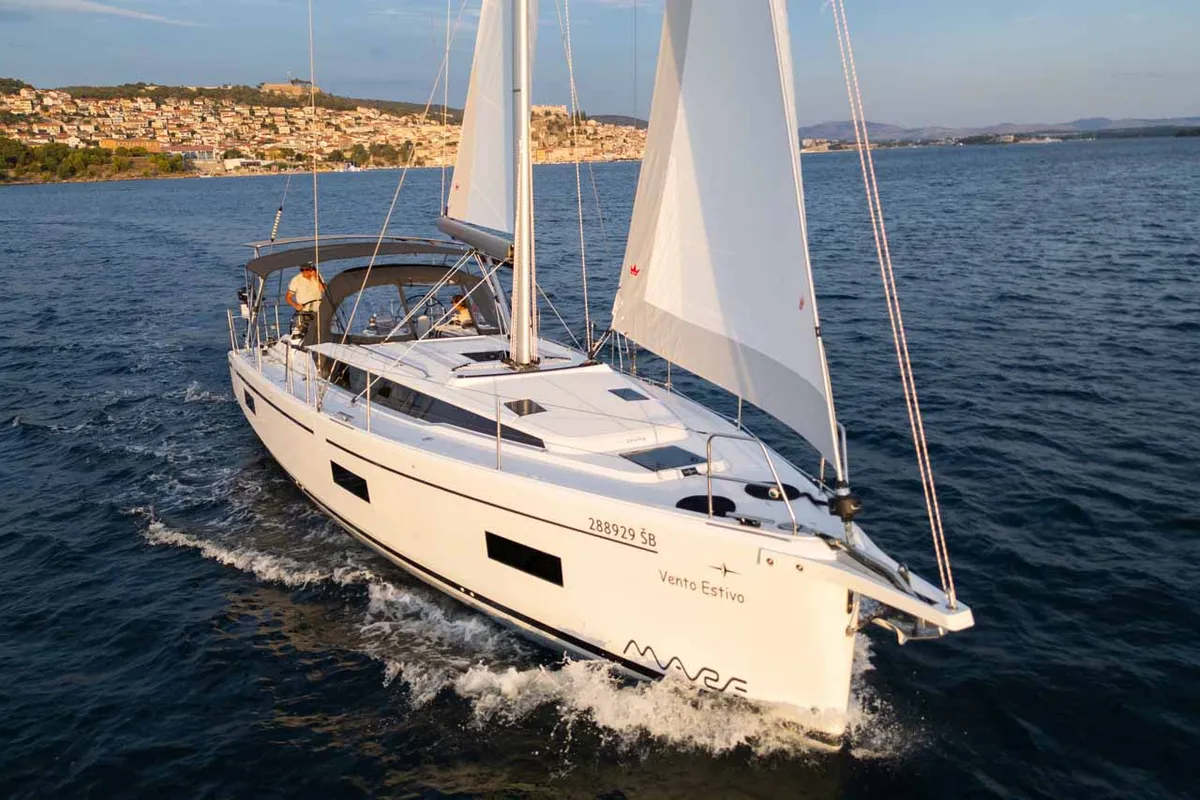 Exterior view of Vento Estivo, a Bavaria C42 sailboat at Grad Šibenik, Croatia