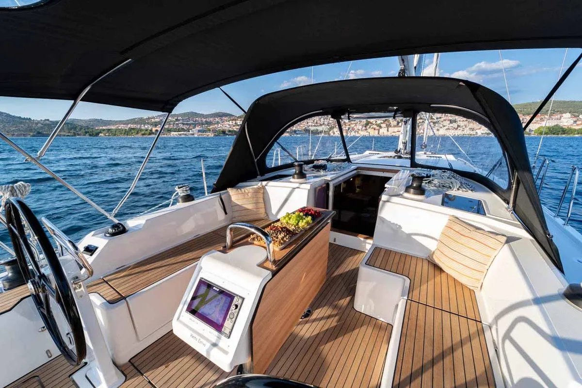 Cockpit of Vento Estivo, a Bavaria C42 sailboat at Grad Šibenik, Croatia