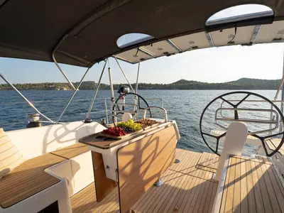 Cockpit of Vento Estivo, a Bavaria C42 sailboat at Grad Šibenik, Croatia