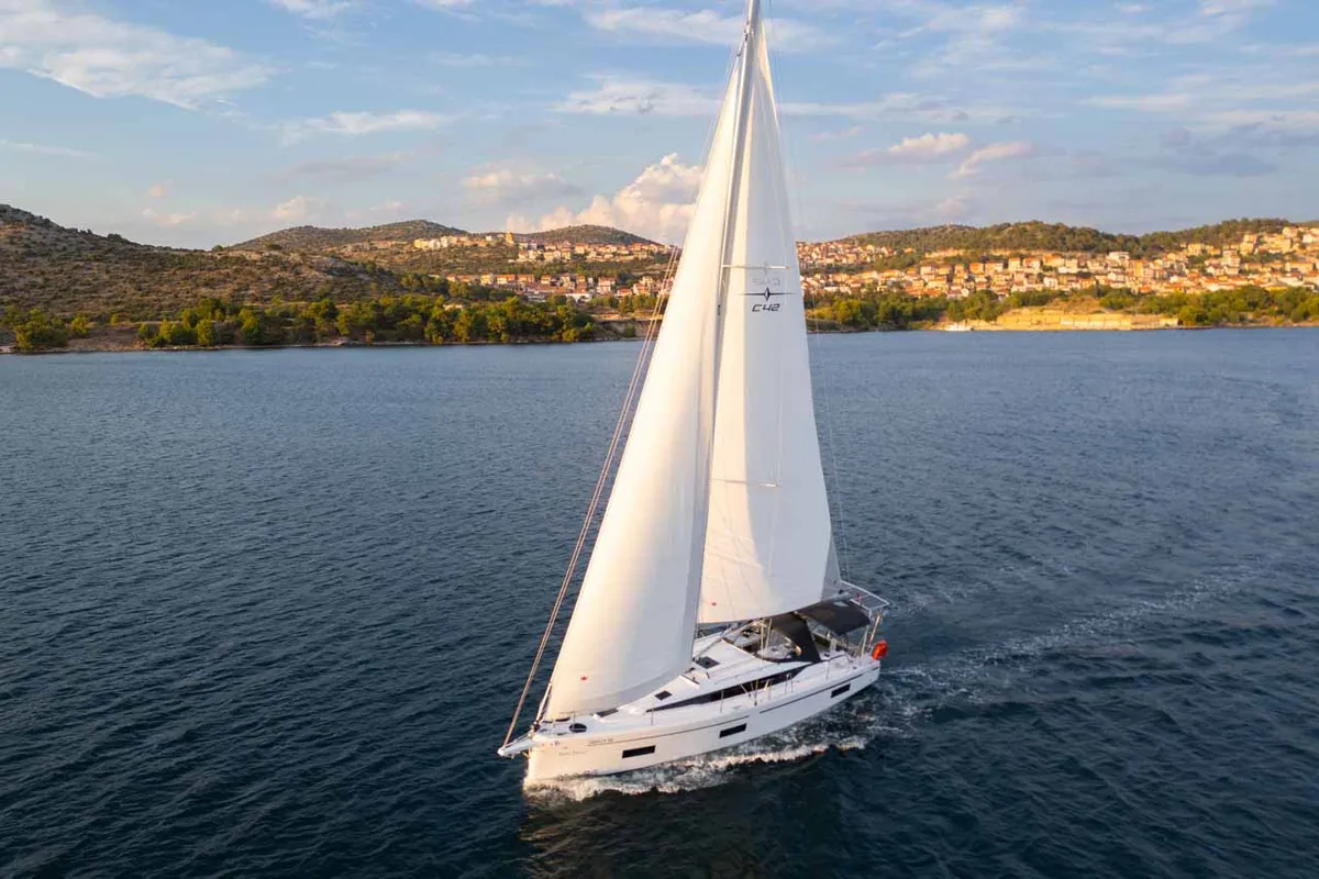 Exterior view of Vento Estivo, a Bavaria C42 sailboat at Grad Šibenik, Croatia