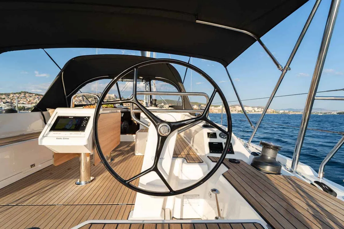 Cockpit of Vento Estivo, a Bavaria C42 sailboat at Grad Šibenik, Croatia