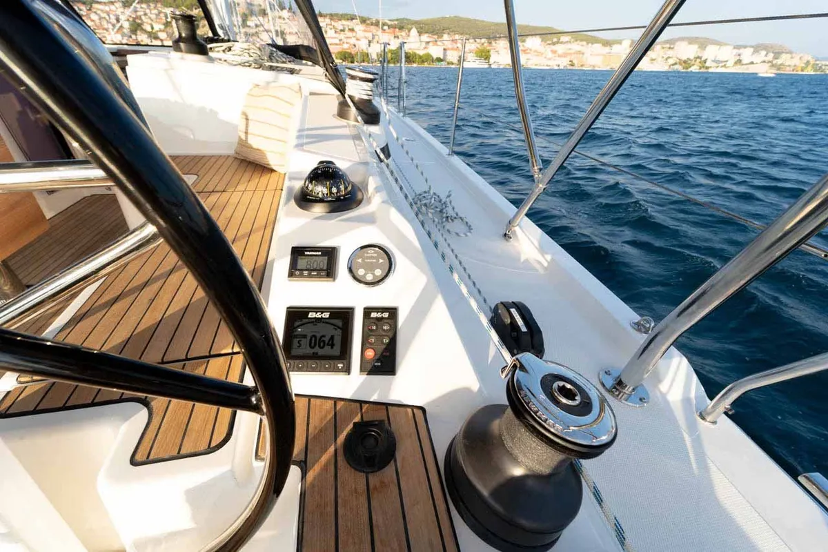 Cockpit of Vento Estivo, a Bavaria C42 sailboat at Grad Šibenik, Croatia
