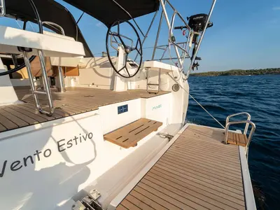 Deck of Vento Estivo, a Bavaria C42 sailboat at Grad Šibenik, Croatia