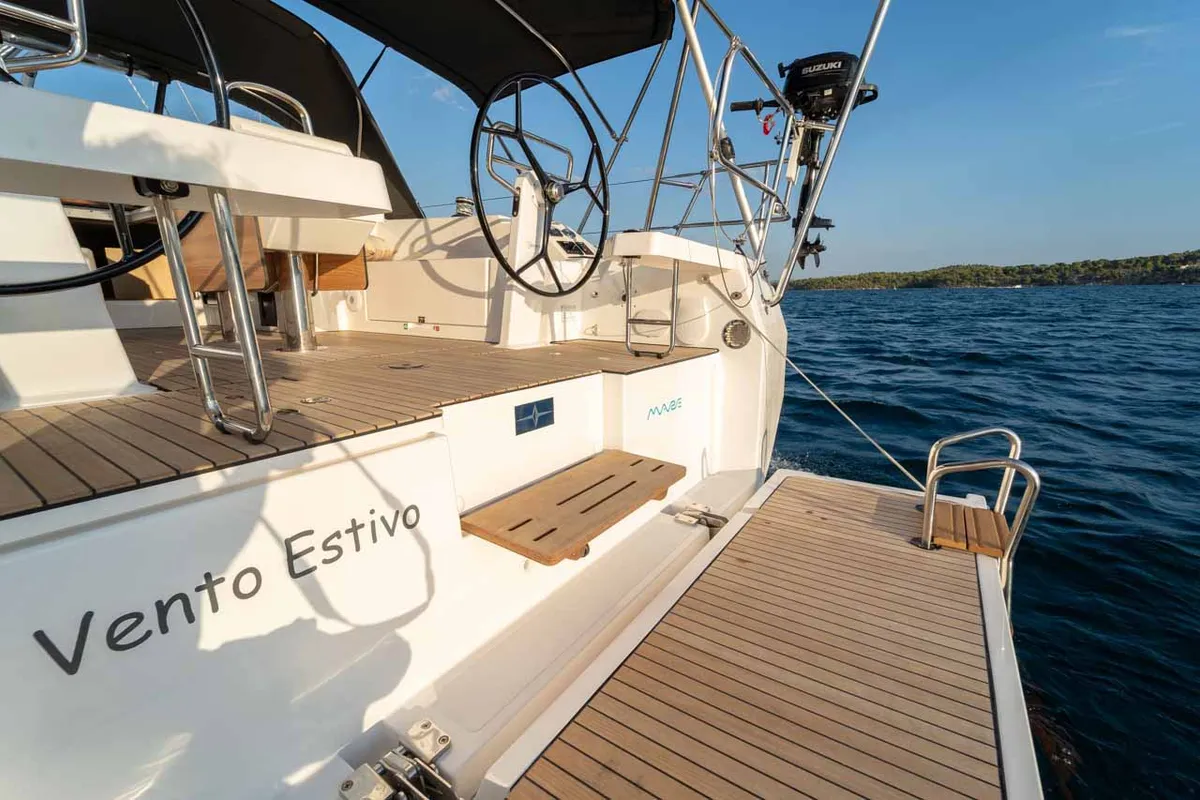 Deck of Vento Estivo, a Bavaria C42 sailboat at Grad Šibenik, Croatia