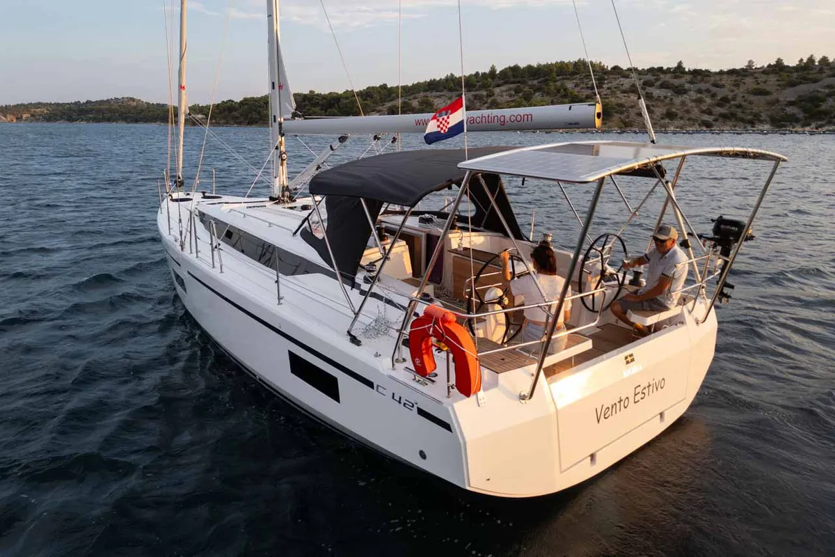 Exterior view of Vento Estivo, a Bavaria C42 sailboat at Grad Šibenik, Croatia