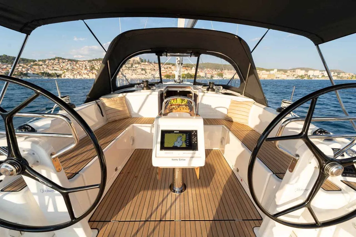 Cockpit of Vento Estivo, a Bavaria C42 sailboat at Grad Šibenik, Croatia