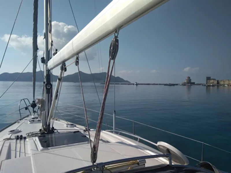Deck of NAIADA , a Elan Impression 384 sailboat at Piraeus, Greece
