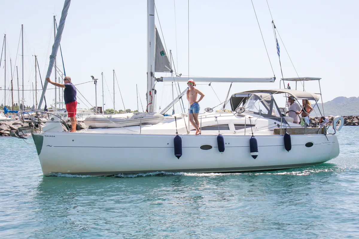 Exterior view of NAIADA , a Elan Impression 384 sailboat at Piraeus, Greece